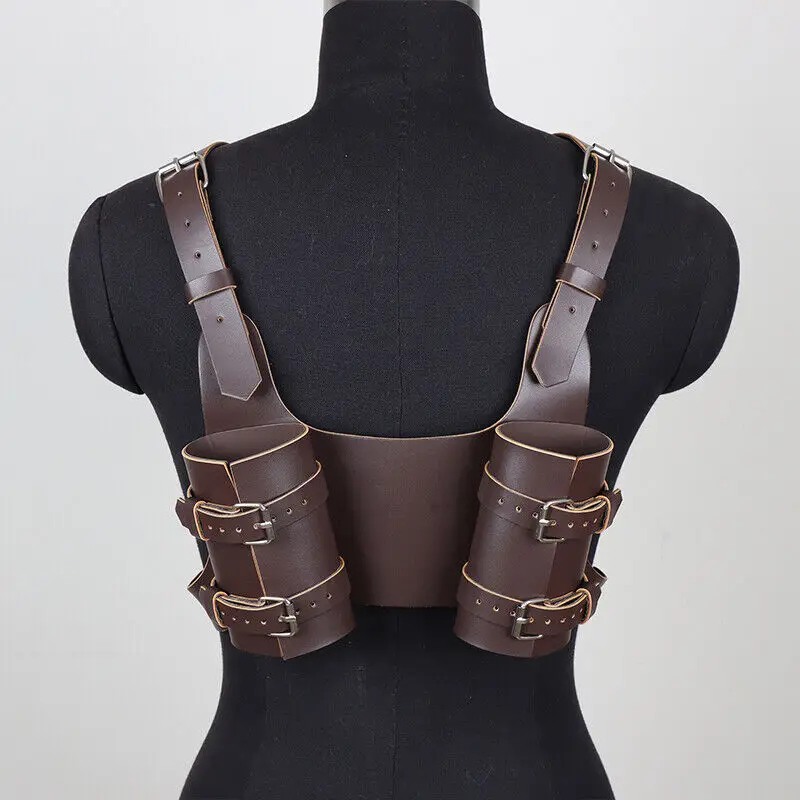 Black Brown Back Mounted Leather Dual Sword Frog Double Shoulder Harness Sheath Cosplay Costume Leather Gear