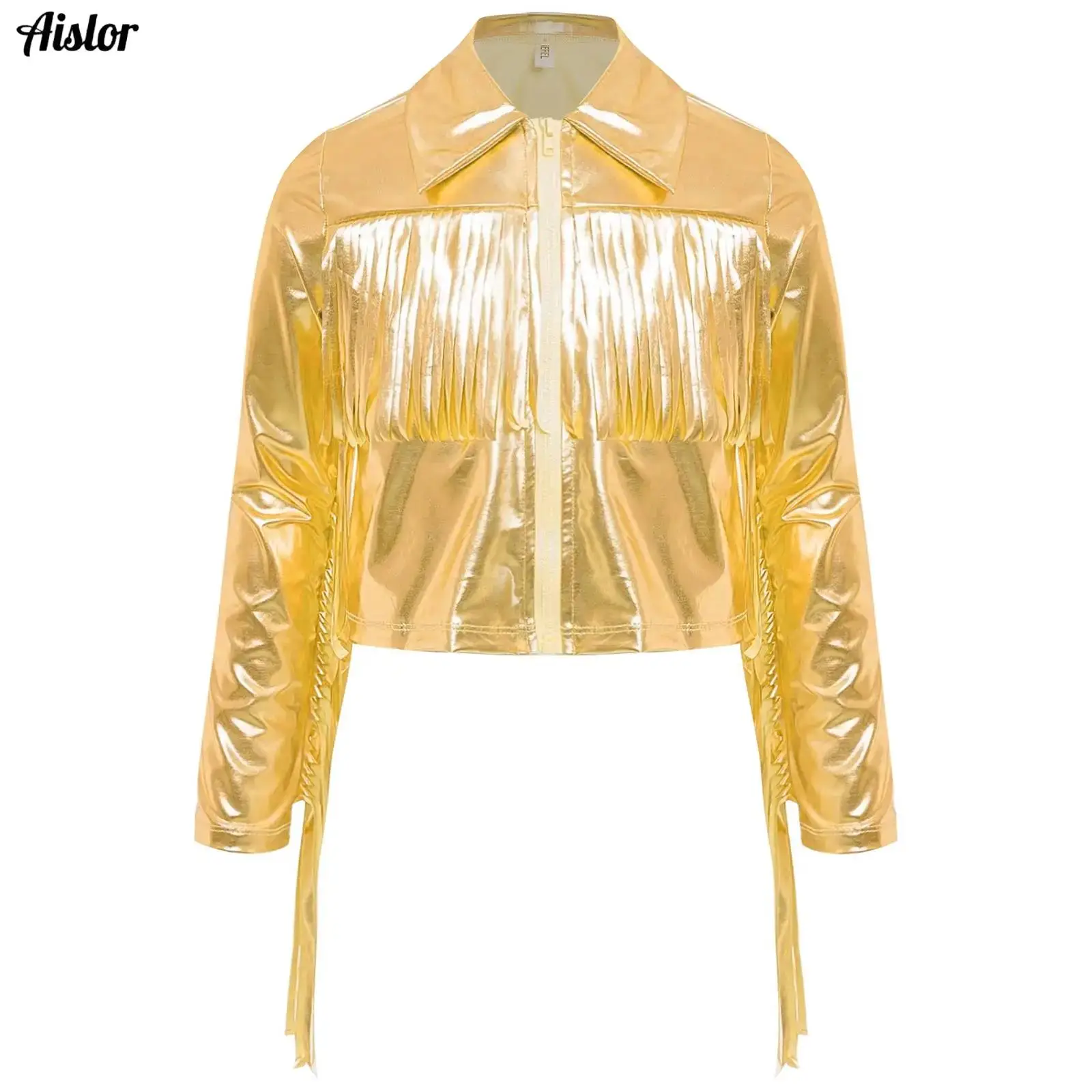Kids Girls Tassels Metallic Jacket Tops Turn-Down Collar Long Sleeve Zipper Fringe Shiny Jacket Coat for Hip Hop Street Dance