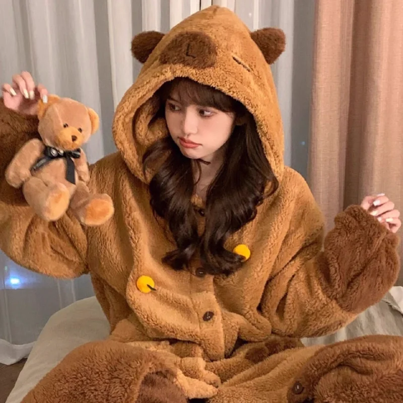Cute Capybara Winter Pajama Cartoon Animal Soft Plush Jumpsuit For Adults Kawaii Velvet Pajama Night Robe Cosplay Suit Xmas Gif