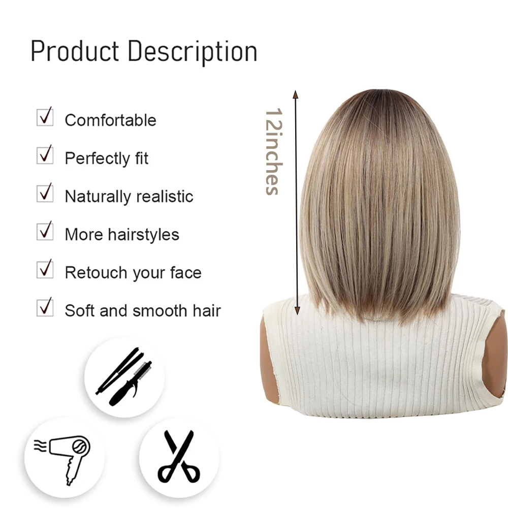 Balayage Ash Blonde Bob Wig For Women With Bangs Dark Brown Roots Ombre Short Straight Synthetic Full Wig Daily Party Cosplay