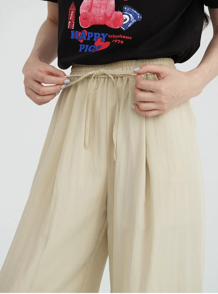 Women Drawstring Elastic Waist Wide Leg Pants Lightweight Draped Loose Fit Spring Long Trousers Lady Relaxed Versatile Bottoms