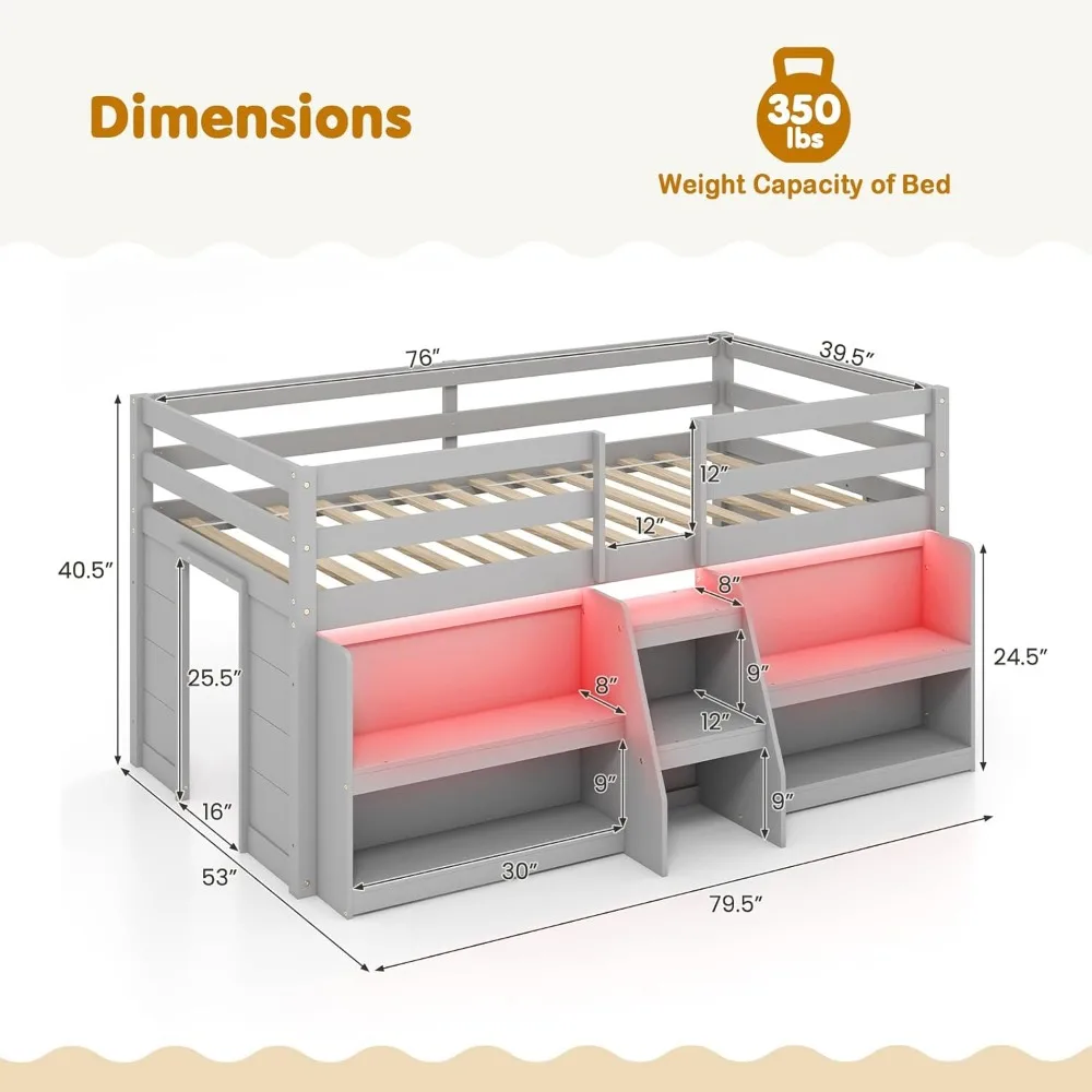 Lit Loft bas avec lumières LED, lit jumeau en bois avec escaliers et garde-corps de sécurité, bibliothèque de rangement, espace de jeu sous le lit, gris