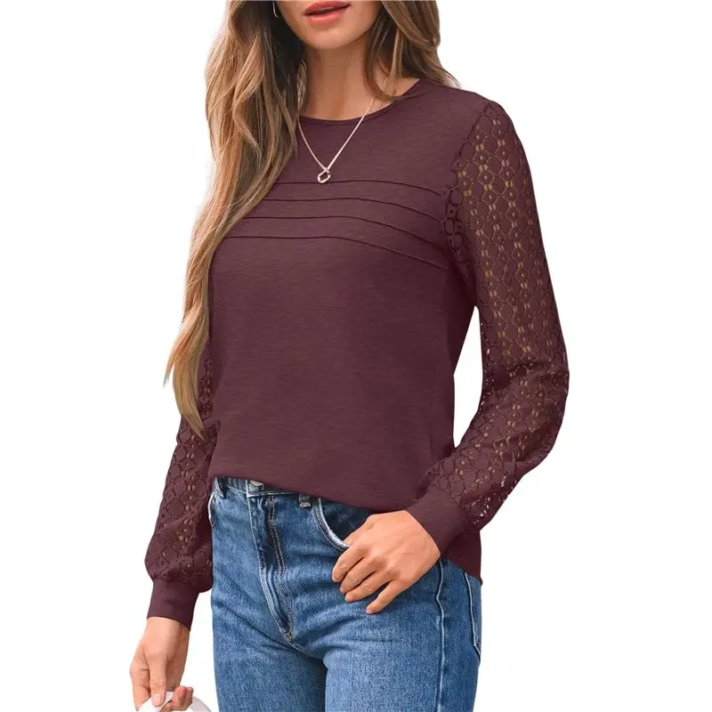 

CYL-Long Sleeve Shirts For Women Dressy Casual Lace Tops 2025 Fall Outfits T-Shirts Work Clothes Wine Red XXL