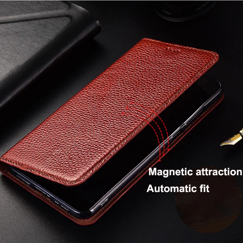 Genuine Leather Flip Case For Huawei Y5 Y6 Y7 Y9 Pro Prime 2018 2019 Phone Case Lychee Pttern Protect Cover