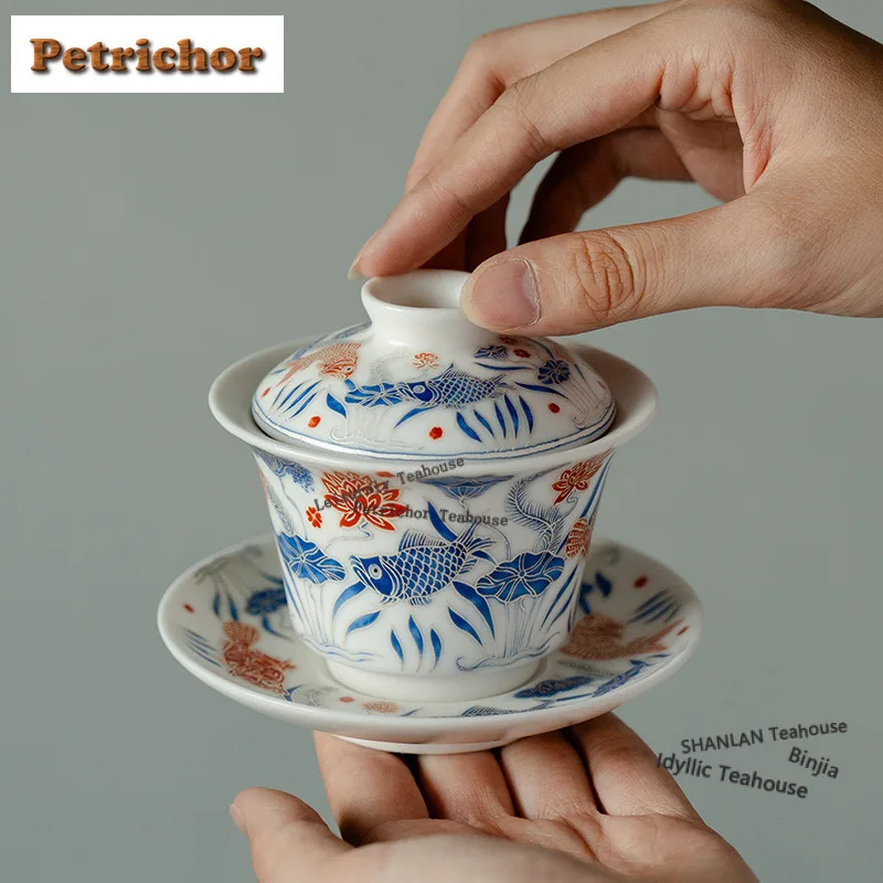 150ml Blue And White Underglaze Red Gaiwan Ancient Tea Tureen Tea Bowl With Lid Kit Tea Maker Cover Bowl Drinkware Collection