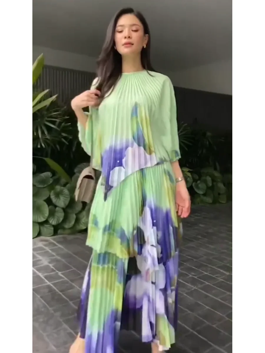 EGRM Large Size Pleated Two Piece Sets Womens Outifits Print Batwing Sleeve Top&A-line Folds Skirt Set for Special Occasions 6G1