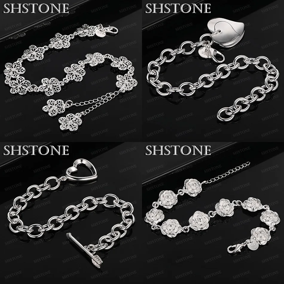 

Classic 925 Sterling Silver Flower Love Heart Bracelets Women Wedding Party Birthday Gift Beautiful Jewelry Accessories