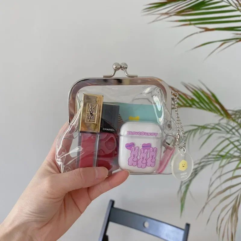 INS Transparent Pencil Case Simple Iron Clip Bag Pvc Material Portable Storage Change Small Objects Coin Lipstick Cosmetic Bag