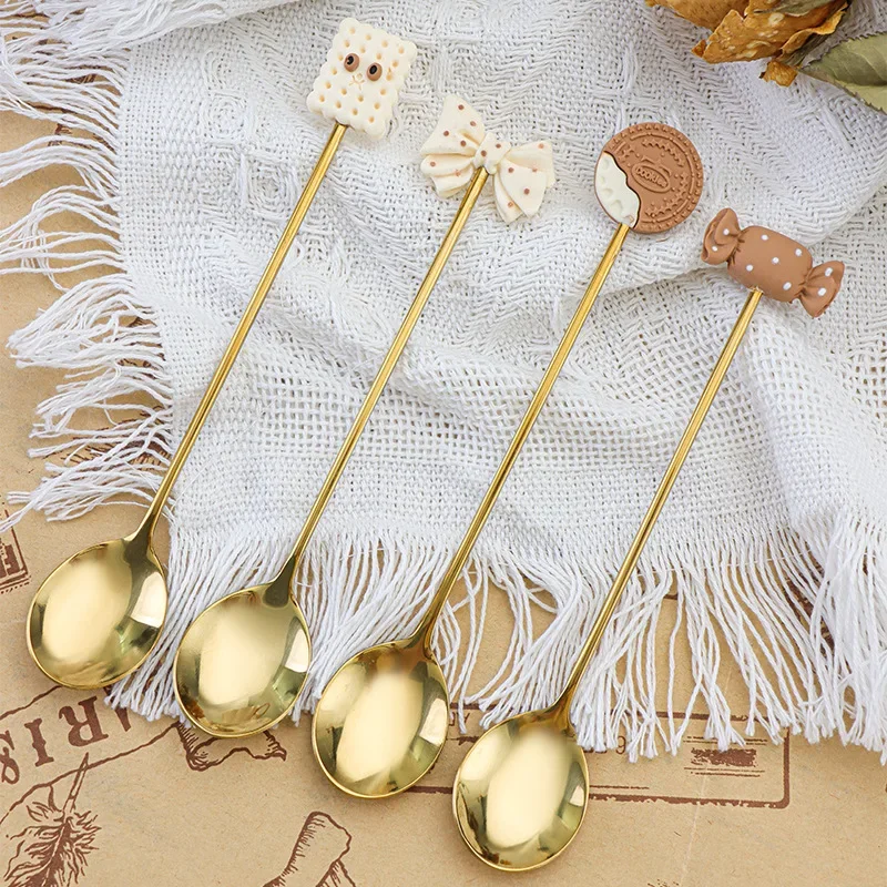 304 Stainless Steel Dessert Spoon Cute Cartoon Cookies Home Ice Cream Spoon Stirring Coffee Spoon Gold Kitchen Accessories