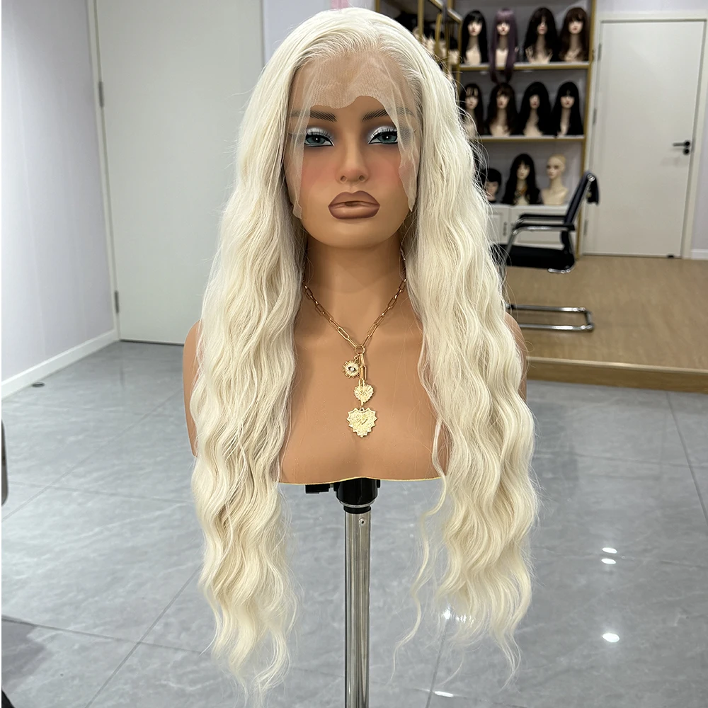 60 Platinum Blonde Deep Wave Wig Synthetic Lace Wig Long White Blonde Wig Natural Wave Frontal Lace Wigs For Women Cosplay Party