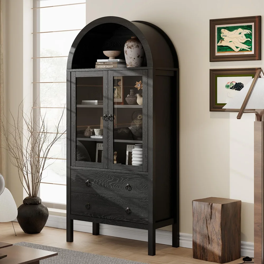 

71" Tall Arched Cabinet with Glass Doors, Kitchen Pantry Cabinet, Wood Arched Bookshelf with Doors and Drawers