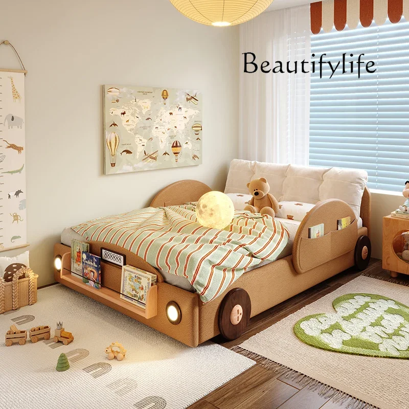 Tempat Tidur Anak Bentuk Mobil Sederhana dengan Rel Pengaman Kayu, Gaya Modern, Desain Balita, Tempat Tidur Single, Camas Infantiles, Furnitur Rumah