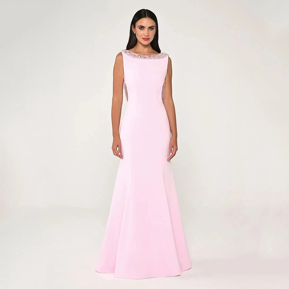 

Розовое женское вечернее платье с круглым вырезом и открытой спиной, элегантное платье для выпускного вечера, модное платье с жемчугом и кристаллами, вечернее платье по индивидуальному заказу