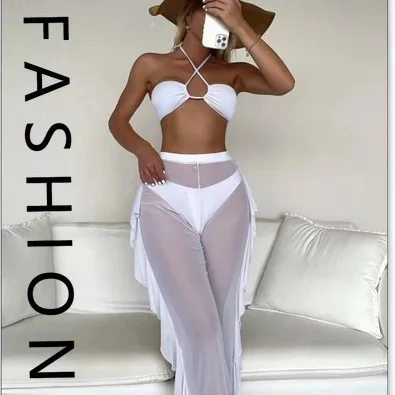 2025 новый сетчатый однотонный сексуальный купальник из трех частей бикини с разрезом и стрингами