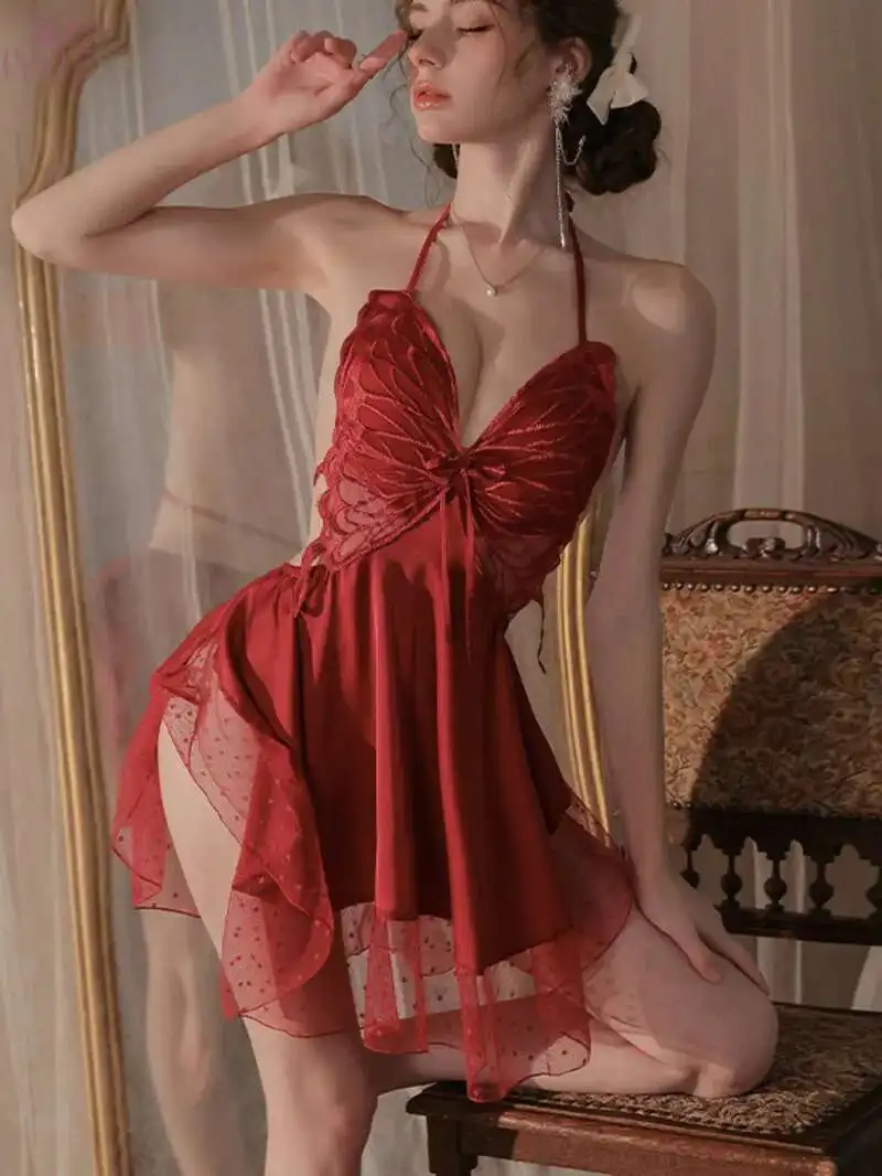 French style New deep V pure desire color chiffon print lace butterfly with breast pad satin nightgown dress printing M5ZN