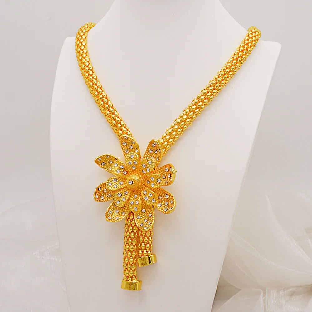 Fine Dubai Gold Color Jewelry Set Bridal Nigerian Jewellery African Flower Necklace Earrings Bracelet Ring Arabic Set Gift