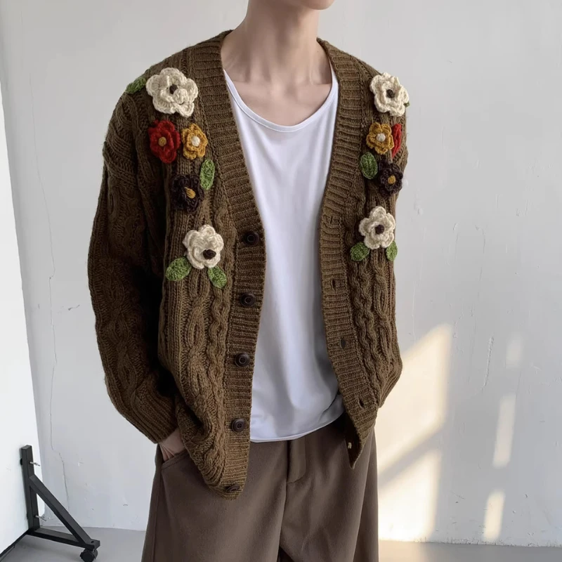 Men Women 2025 Autumn New Bright Colorful Floral Knitted Cardigan High-End V-Neck Sweaters Jackets Color Matching Knitted Tops