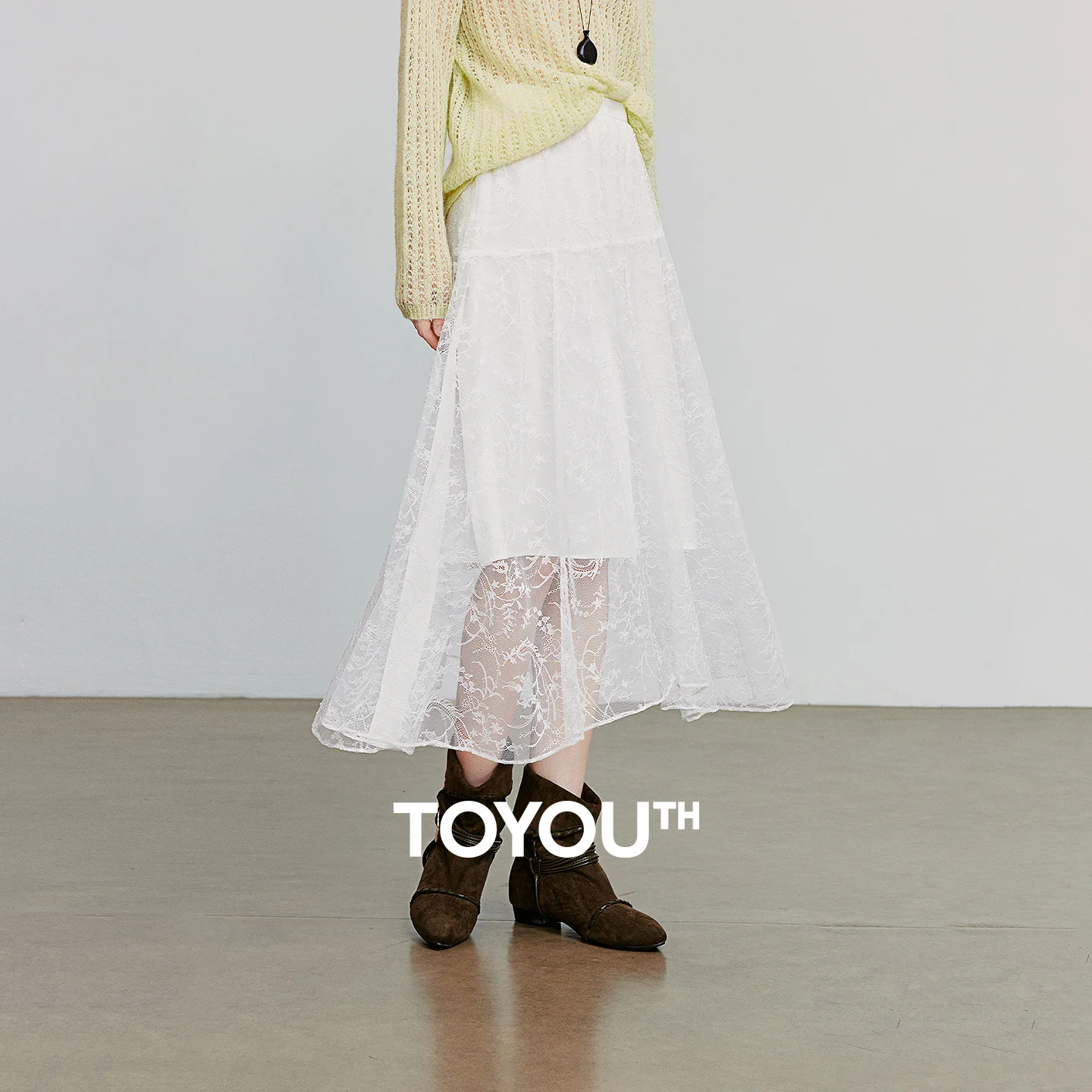 

TOYOUTH Women Midi Skirt 2025 Autumn New Playful Style Lace Irregular Elastic Waist Ankle Length White Skirt