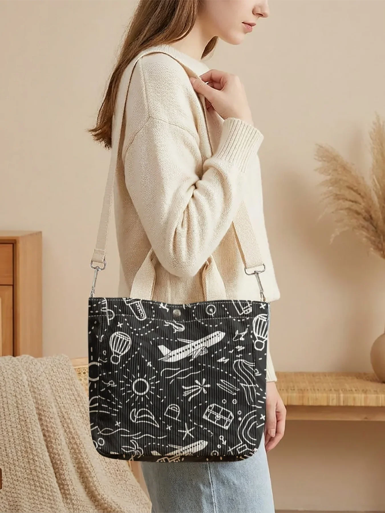 Travel Element Print Crossbody Tote Bag, Adjustable Strap, Large Capacity For Shopping Travel Daily Use