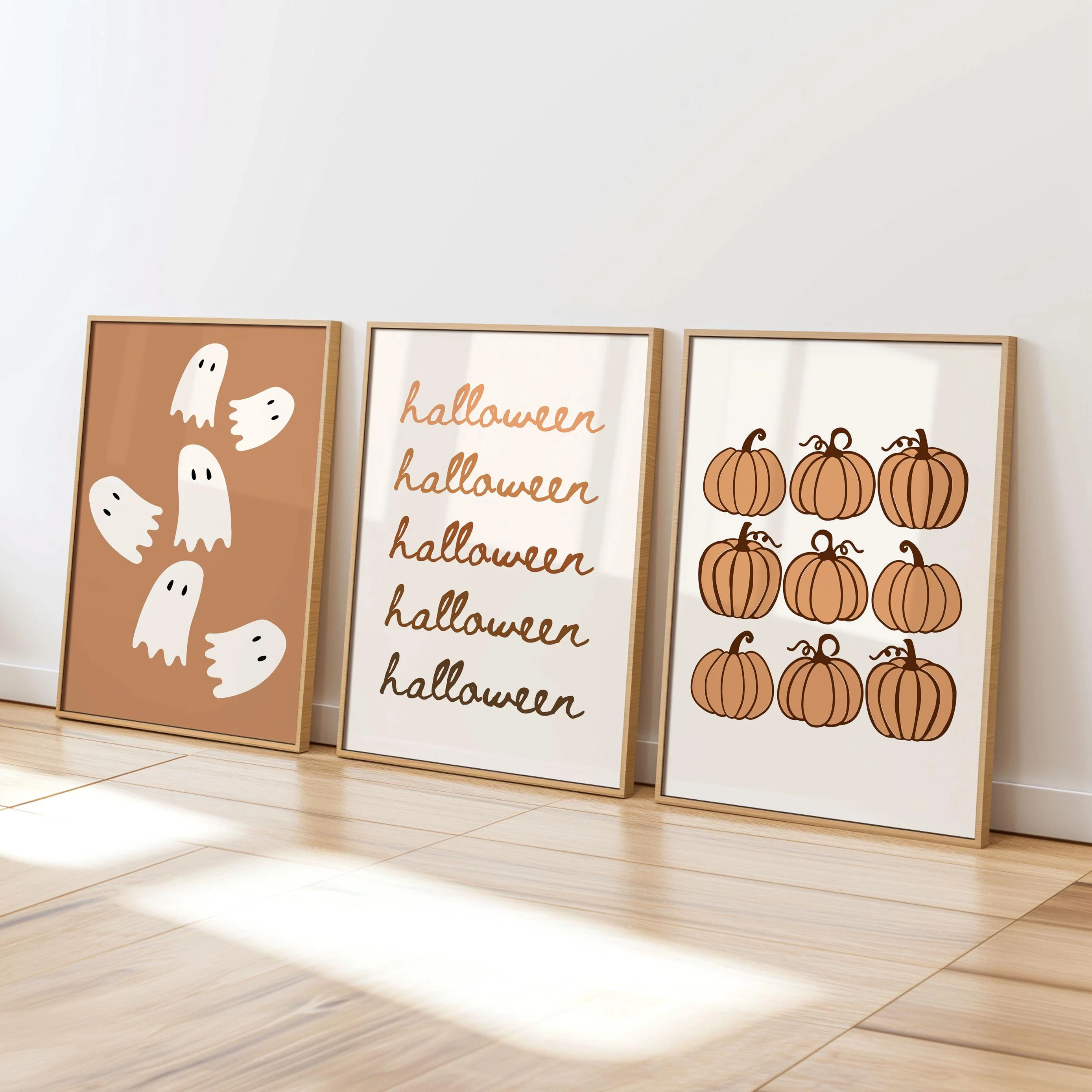 3PCS Cartoon Ghost Pumpkin Text Pattern Poster Autumn Halloween Cottage Wall Art  Canvas Painting for Room Decor Fall Gift
