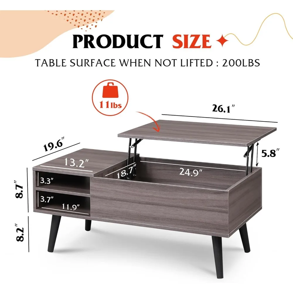 Adjustable Shelf Living Room Coffee Table with Storage, Mid-Century Modern Style, Small Space Solution