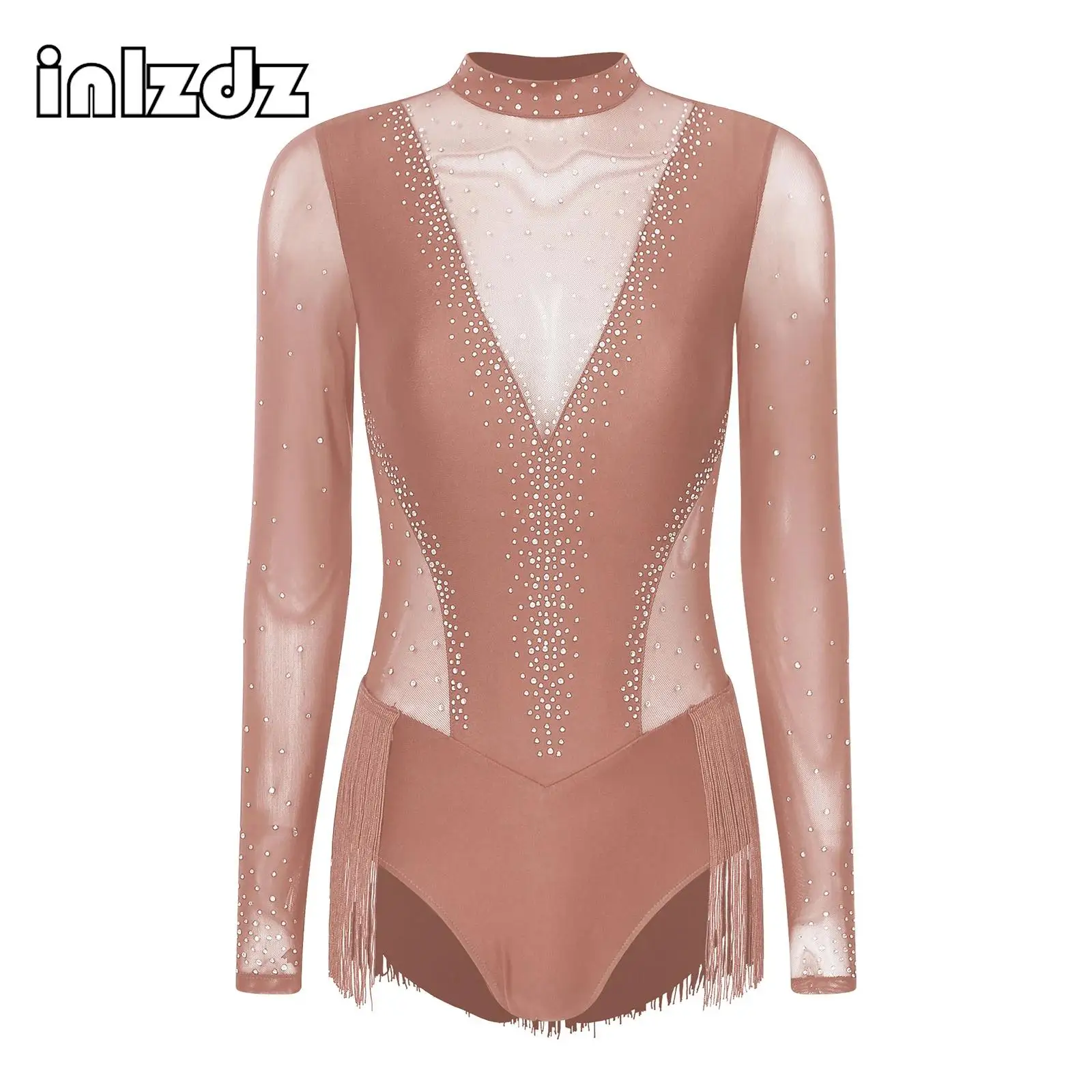 Women Latin Tango Cha Cha Dance Leotard Gymnastics Dance Unitard Figure Skating Costumes Rhinestone Sheer Mesh Tassel Bodysuit