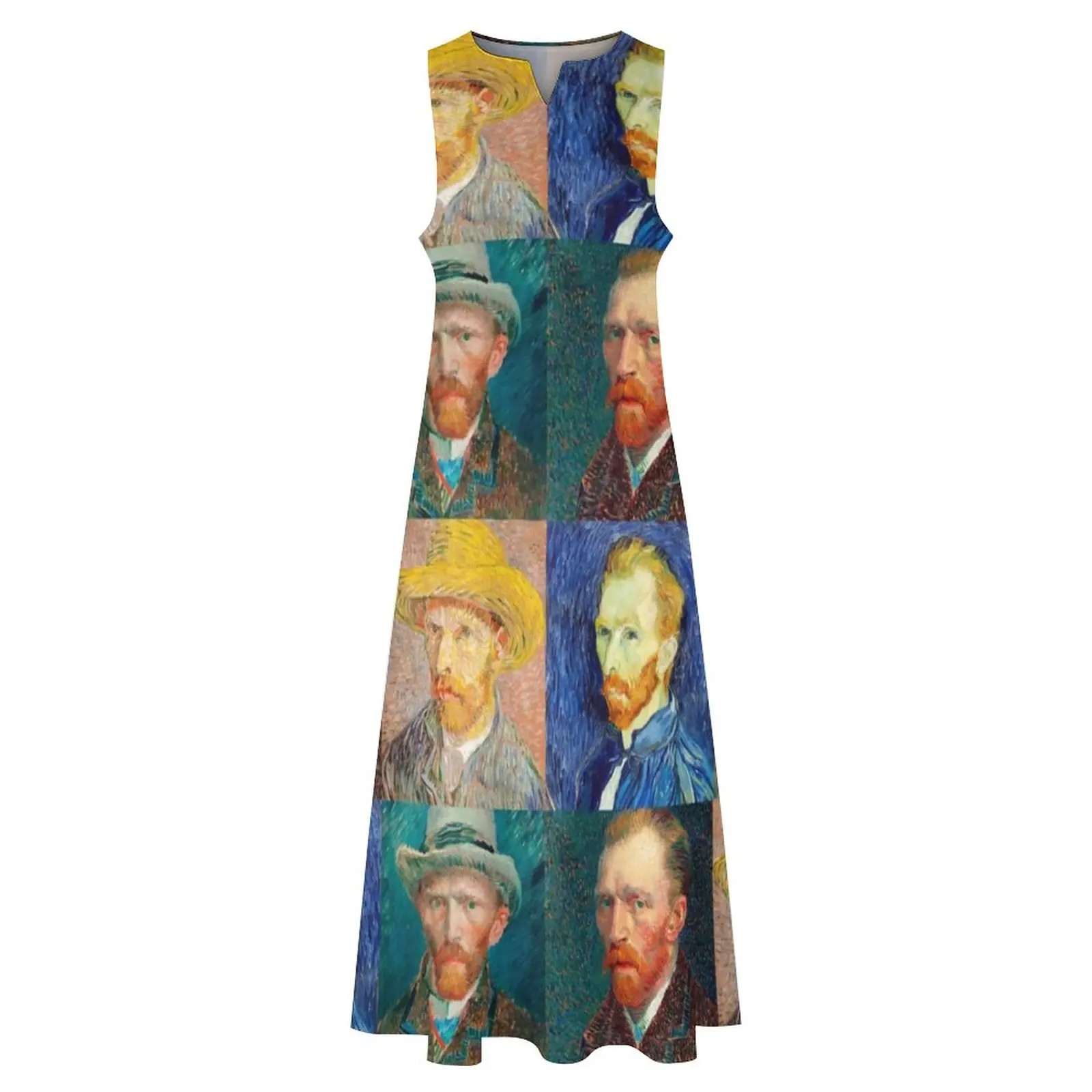 Van gogh vestido auto-retrato colagem na moda maxi vestido estético casual vestidos longos feminino sem mangas impresso vestido de grandes dimensões