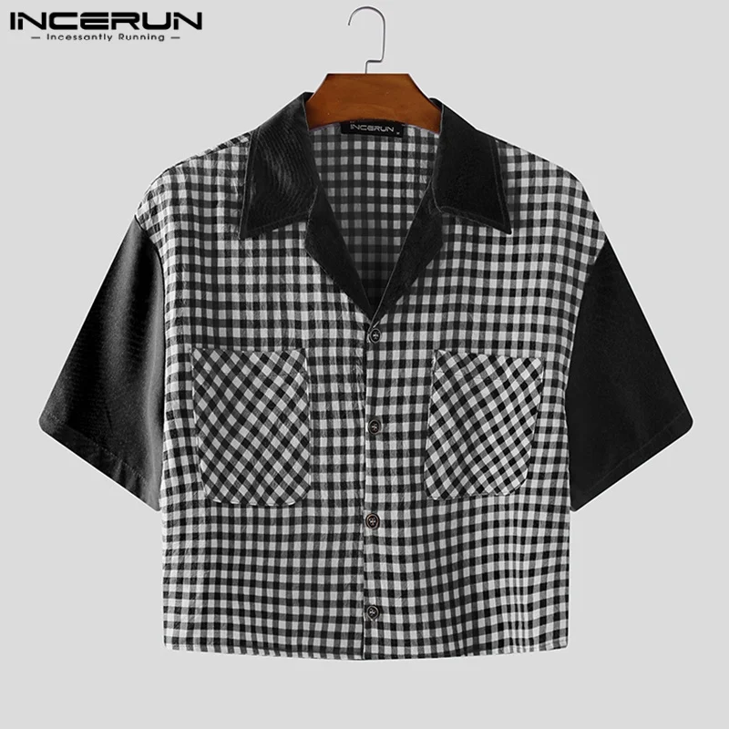 

INCERUN Men Shirt Plaid Patchwork Lapel Short Sleeve Button Men Clothing Streetwear Summer Shirts Loose Fashion Casual Crop Tops