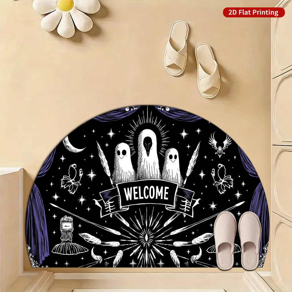 Cute Ghost Typography Semi Circle Doormat Hey Boo Festive Halloween Welcome Mat