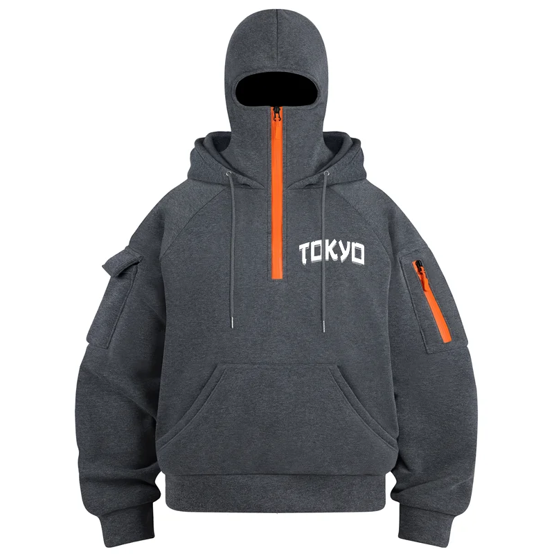 

Мужская уличная модная толстовка с несколькими карманами, Токио принт, половина молнии, двойной капюшон, осенне-зимний спортивный повседневный пуловер, рубашка