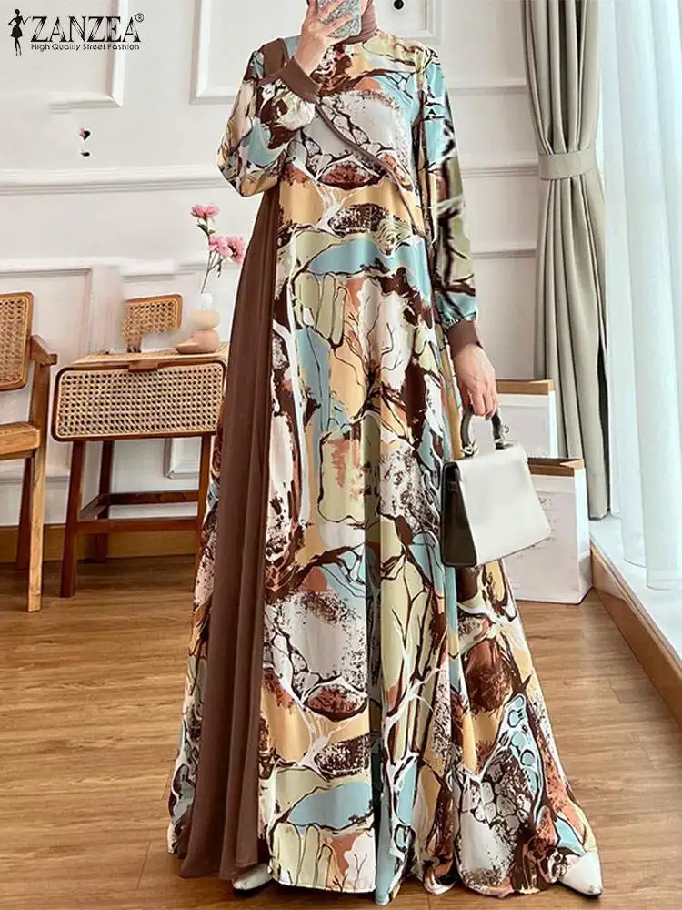 ZANZEA Fashion Autumn Floral Printed Patchwork Maxi Dress Women Elegant Turkey Vestido Long Sleeve Loose Muslim Abaya Sundress