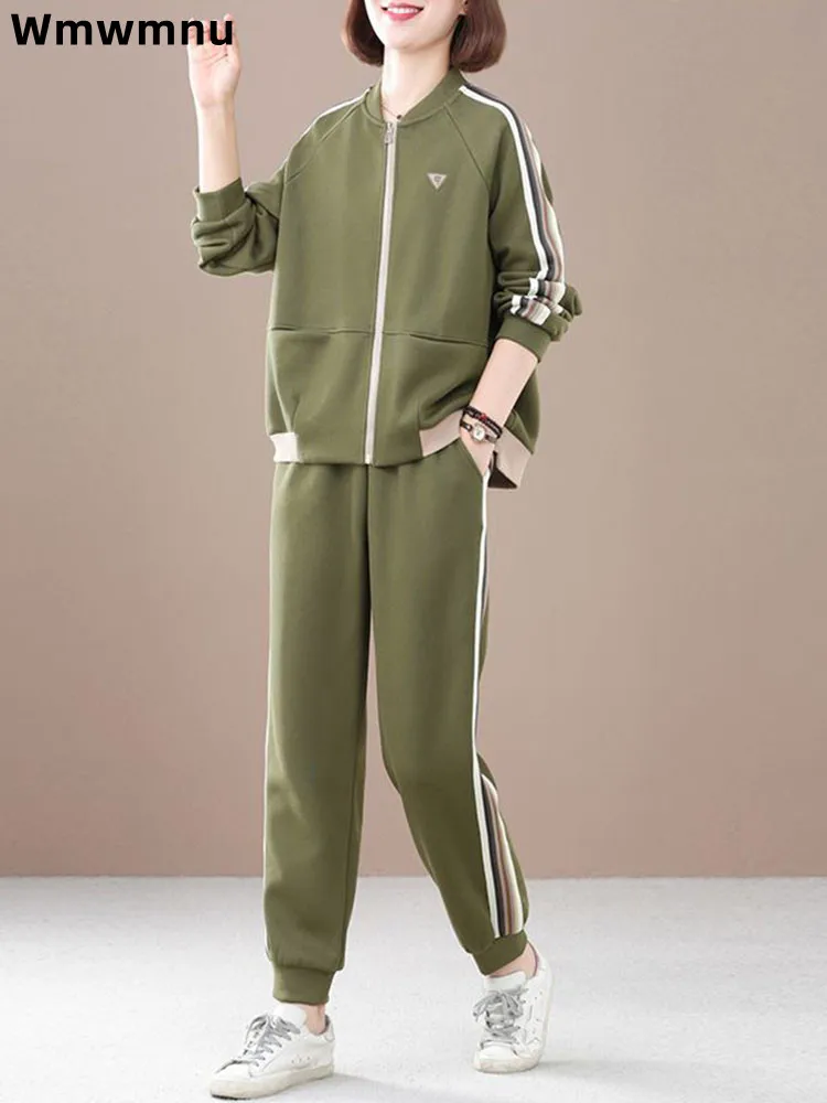 

Женский повседневный спортивный комплект из 2 предметов, элегантный модный комплект на молнии с круглым вырезом, свободные эластичные брюки до щиколотки Conjuntos