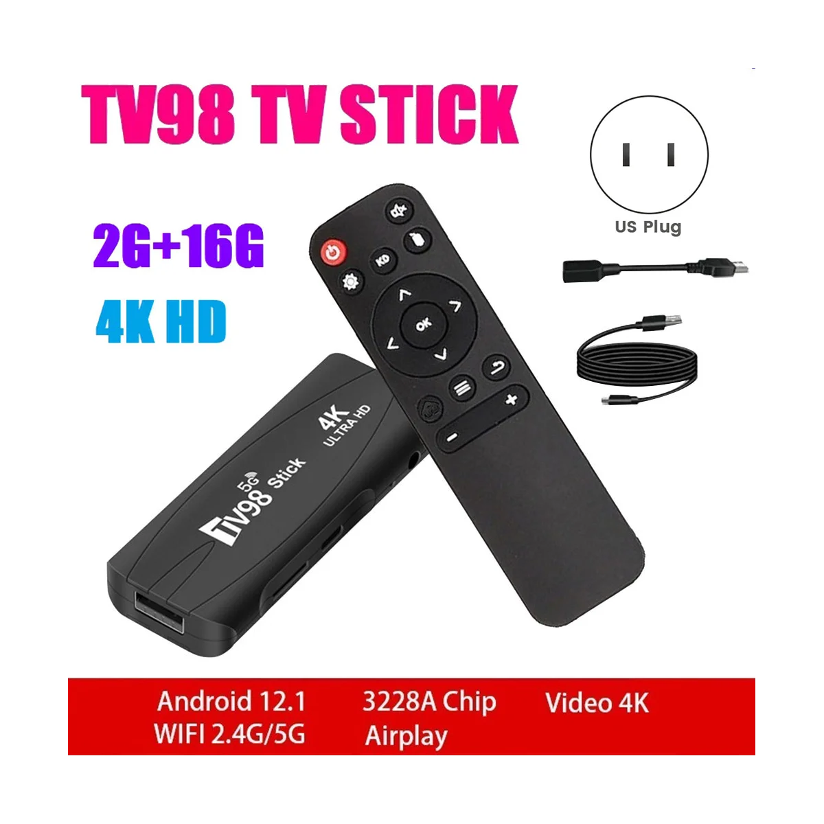 안드로이드 스마트 TV 박스, 미국 플러그, 2G + 16G, 안드로이드 12.1, 2.4G, 5G 와이파이