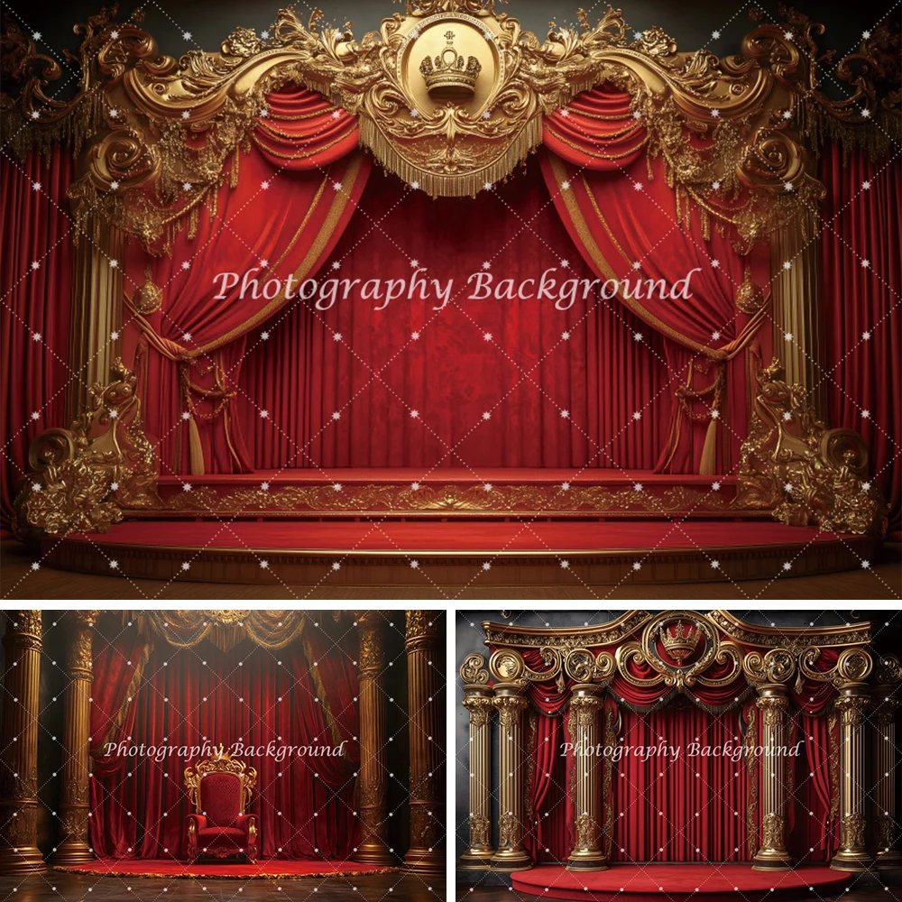 

Red Curtain Stage Backdrop Vintage Palace Golden Wedding Party Photozone Photography Background Birthday Portrait Photo Props