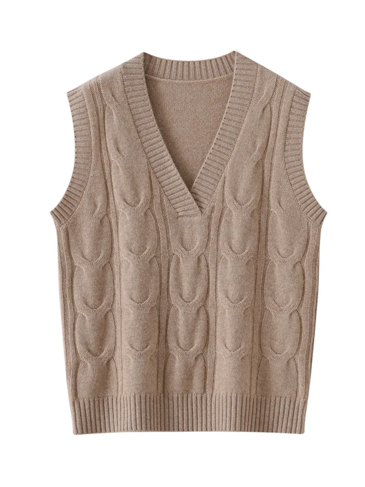 

Women's V-neck Vest Autumn Winter Cashmere Sweater Sleeveless Loose Twist Flowr Pullovers 100% Cashmere Knitwear Waistcoat