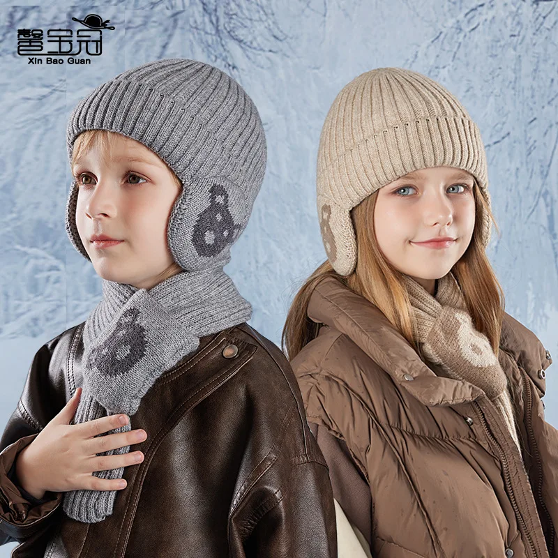 Cartoon Bear Scarf Two Piece Set Winter Warmth Hoodie Men's and Girls' Ear Protection Knitted Wool Hat