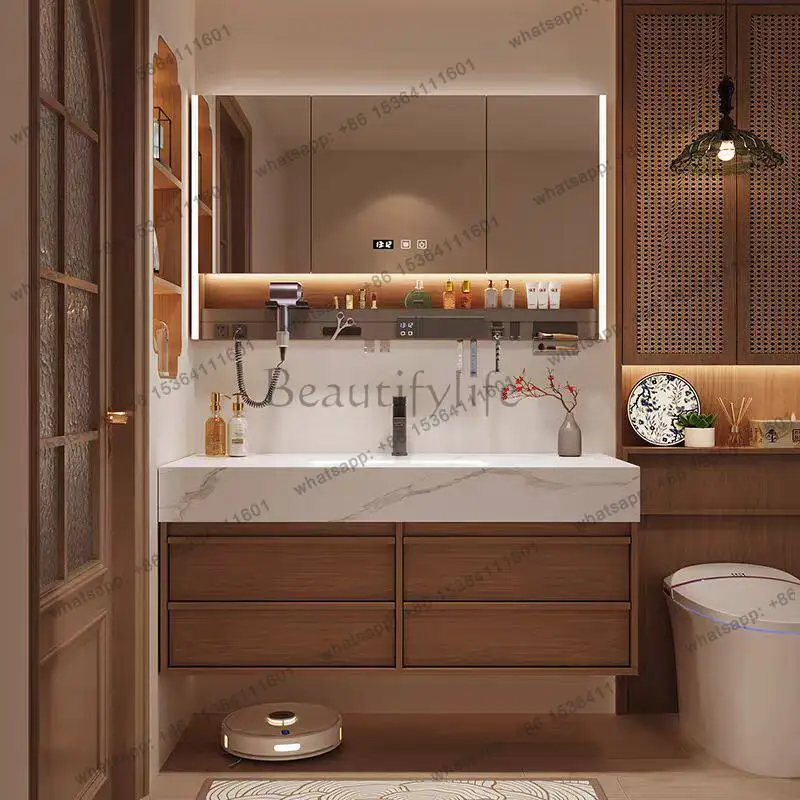

Medieval oak bathroom cabinet combination rock slab hot bending integrated basin hand washing cabinet