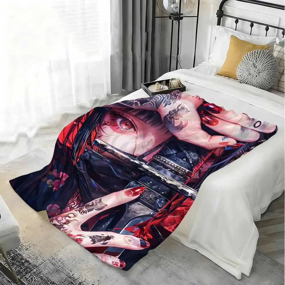 Anime Girl Samurai Throw Soft Flannel Blanket Warm Knee Skin-Friendly Throw for Sofa Office Bed Traveling Winter Oversize