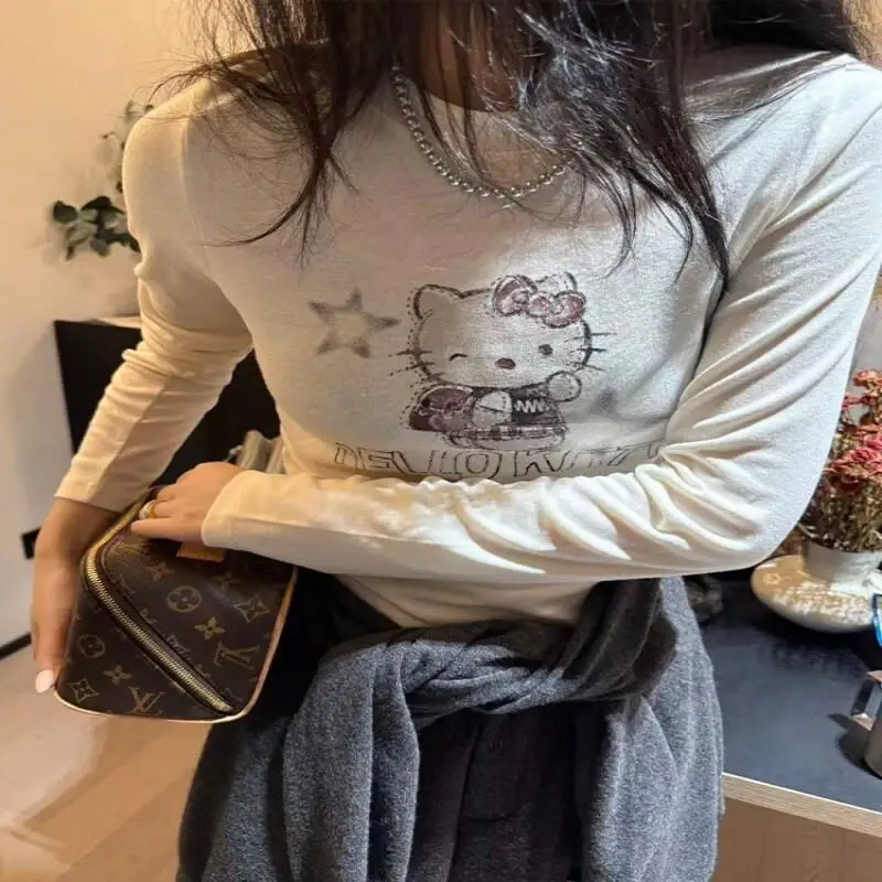 Sanriio Hello kitty Girl's Heart Cartoon KT Printed Base Long Sleeved T-shirt Autumn Winter New Style Versatile Slimming Top Set