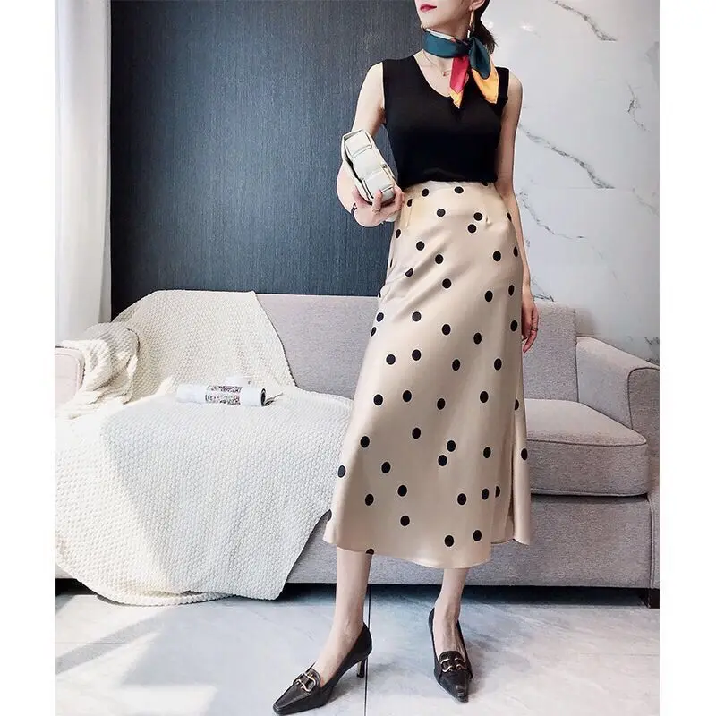 

Korean Fashion Satin Midlength Skirt Women's High Waist Party Pencil Skirt Women's Hip Wrap Polka Dot Midlength Skirt P787