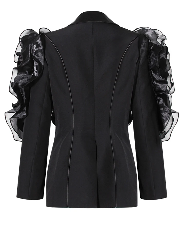 Feminino preto babados em forma elegante fino blazer nova lapela manga longa jaqueta moda maré primavera outono 2025 novos casacos e jaquetas