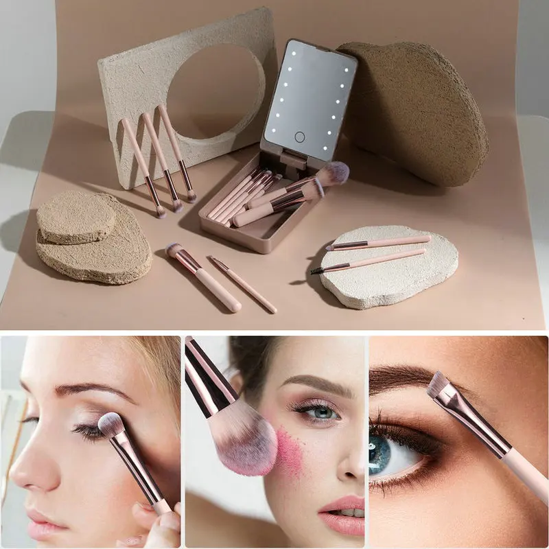 14 pièces pinceaux de maquillage ombres à paupières ensemble de maquillage avec Mini miroir LED, miroir cosmétique avec éclairage organisateur de pinceaux cosmétiques