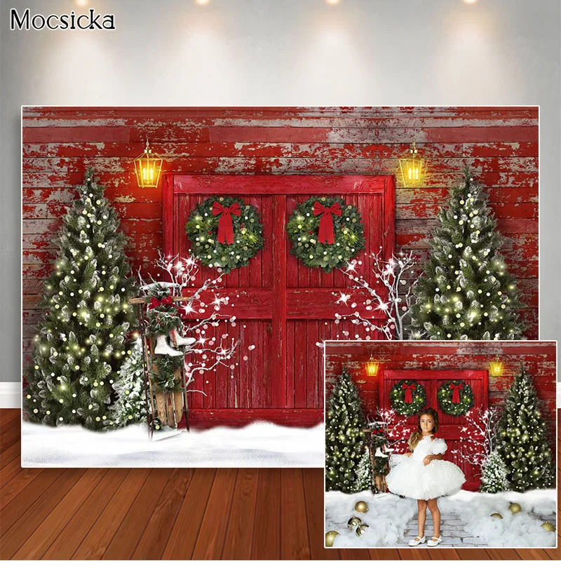 

Red Christmas Backdrop Rustic Wooden Door Xmas Tree Photoshoot Snow Photocall Photo Props Kids Portrait Photography Backgrounds