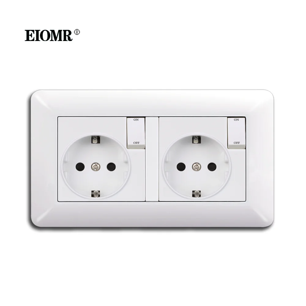 EIOMR EU Standard Electrical Sockets Simple Style PC Panel Double Socket Strip with Switch Button EU Russia Spain Wall Socket