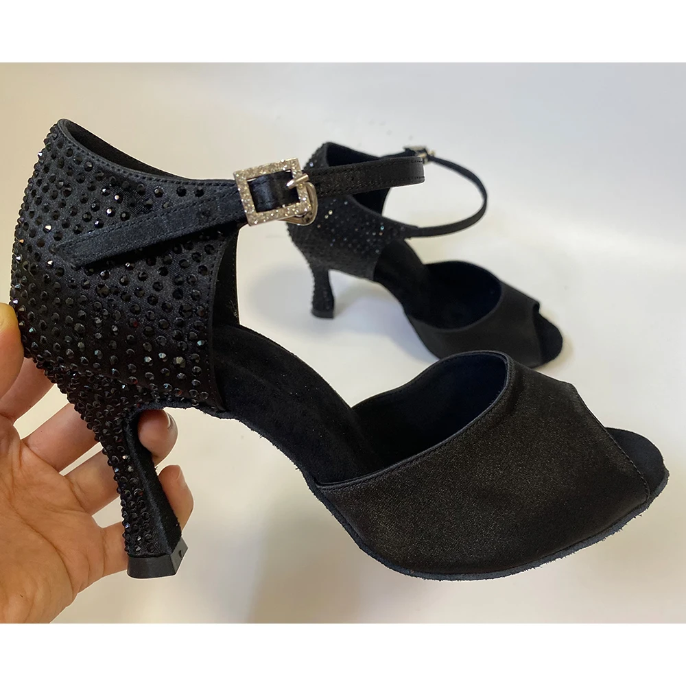 

Salsa Latin Dance Shoes 2024 Sexy Black Satin Black Rhinestones Customized Heels 9cm 8cm 10cm 7cm 6cm Dance Sandles