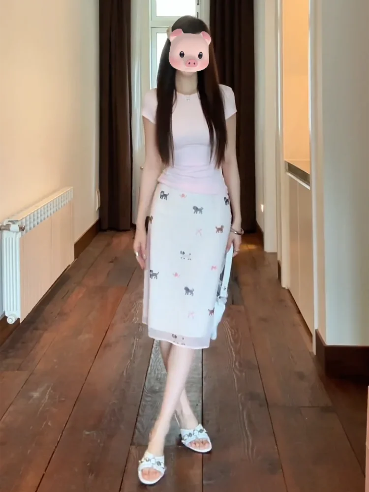 

Sweet Sle Anti-Aging Set Women's Spring Faionable Pink Top Korean Sle Charming f Skirt Casual Long Sve round Ne