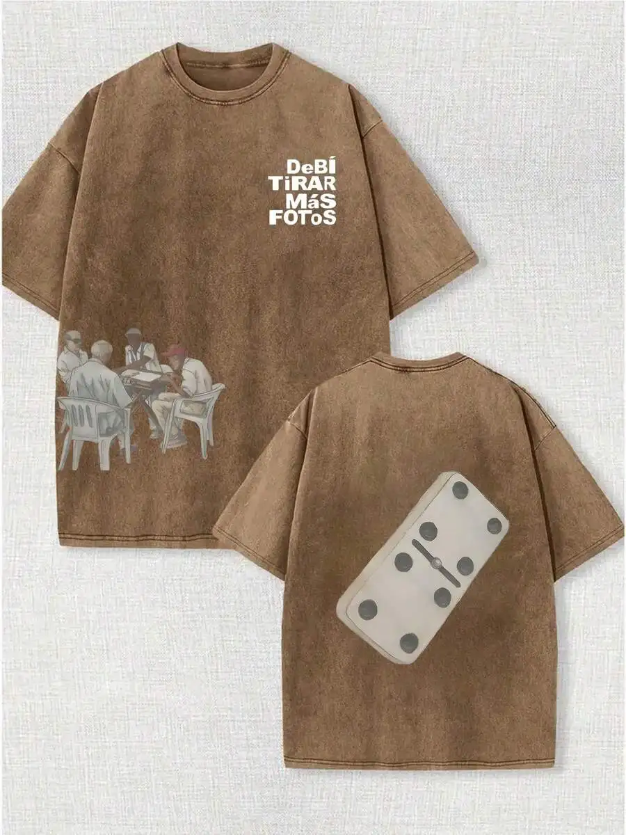 

Washed Brown Cotton T-Shirt with Vintage Graphic Print, Loose Fit Summer Tee