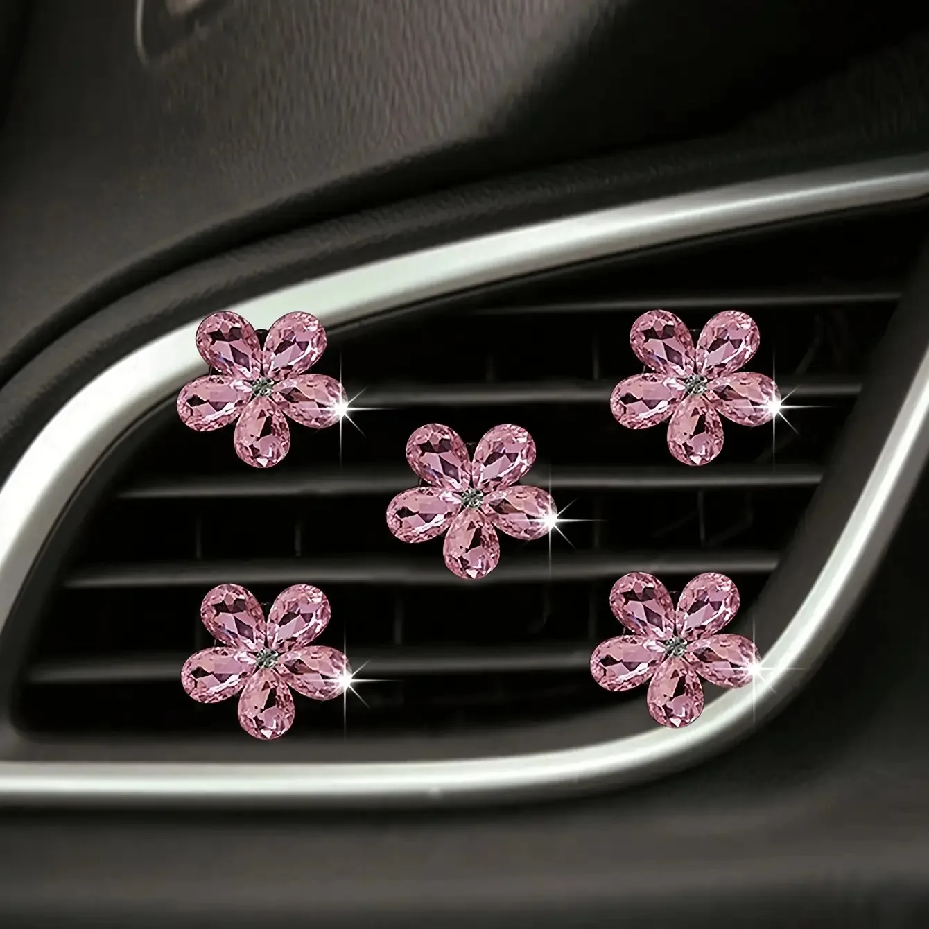 5Pcs Bling Crystal Flower Car Air Vent Clips Rhinestone Auto Air Outlet Decor Ornament Universal Car Interior Styling Accessorie