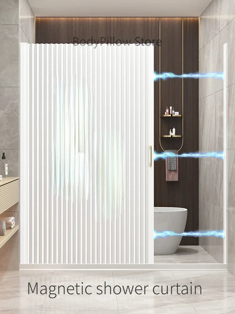 Invisible Folding Shower Curtain Bathroom Waterproof Set Perforation-free Partition Mildew Dry and Wet Separation