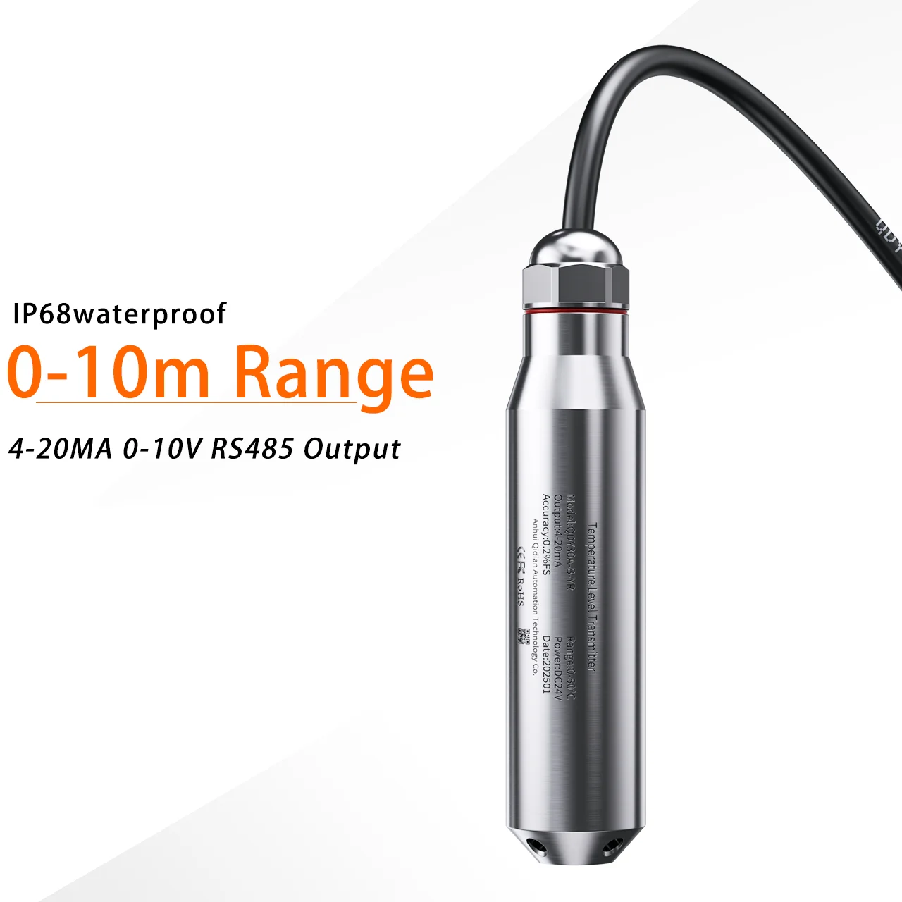 

Water Tank Level Sensor 4-20mA 0-10V 0-5V RS485 Output 0-500m 304SS Probe Submersible Liquid Level Transmitter